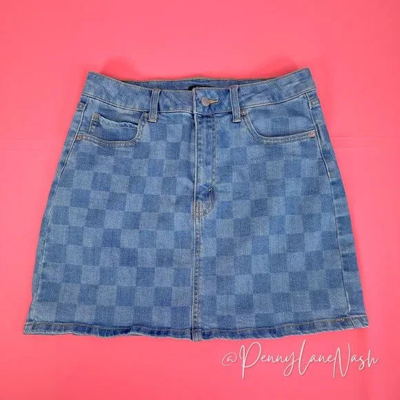 Wild Fable Super-High Rise Denim Mini Skirt Blue Check - Picture 2 of 11